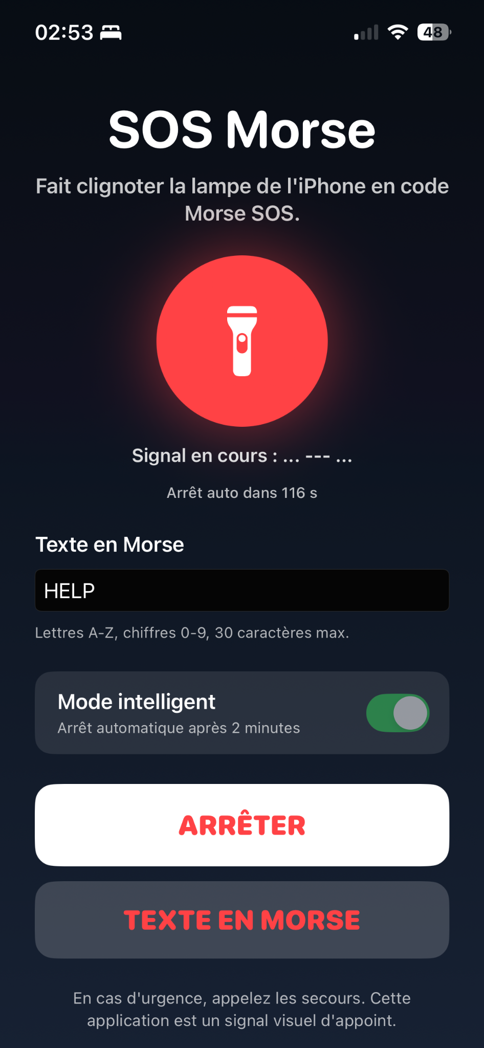 SOS Morse avec code Morse affiche pendant le signal